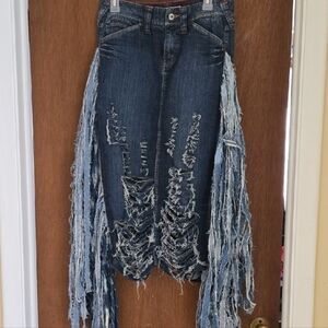 Tommy Hilfiger Asymmetrical Denim Skirt with Fringe